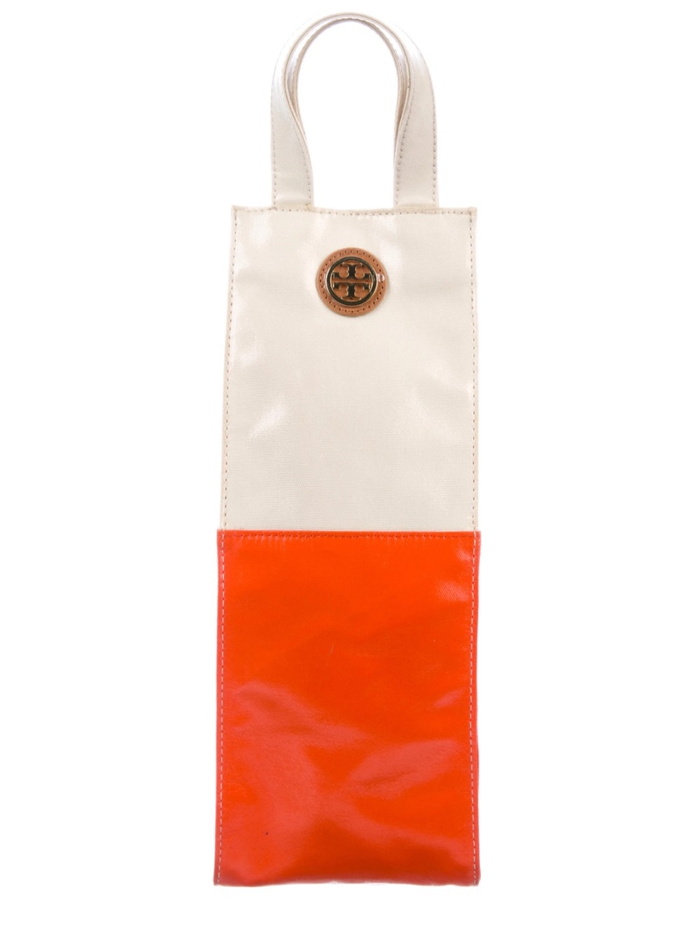 Tory Burch Two-Tone Cream and Orange Slim wine Tote with gold accents